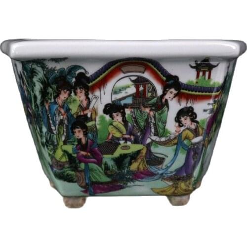 Chinese Old Porcelain Pastel Flower Pot With Eight Beauties In Figure Painting Pattern
