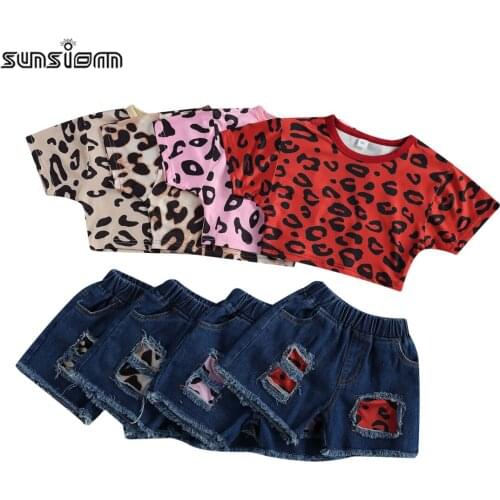 Girls Summer Two Pieces Set Children Leopard Print Crop Tops Short Sleeve T Shirt Elastic Waist Shorts