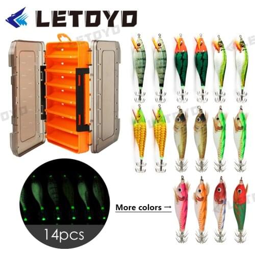 LETOYO 14Pcs/Box More Cheaper Quality 10g Squid Lure With Fishing Box Luminous Wood Shrimp Jigs Hook Artificial Bait Plastic Box