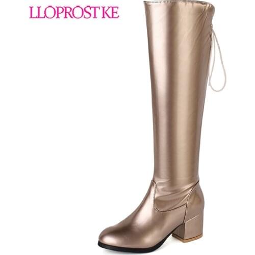 Lloprost ke 2020 plus size 45 women knee high boots solid colors zip round toe high heel fashion autumn winter long boots female