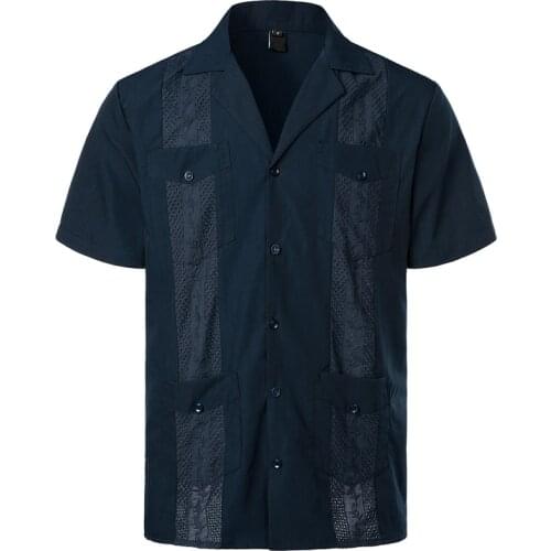 Mens Guayabera Premium Lightweight Embroidered Pleated Cuban Shirt Short Sleeve Mexican Caribbean Style Wedding Beach Shirt 2XL