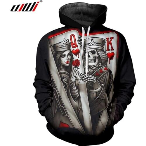 UJWI Skull Hoodies Black Mens Cool Print Queen And King Poker 3D Sweatshirt Hoodie Homme Hip Hop Streetwear Hooded Pullovers
