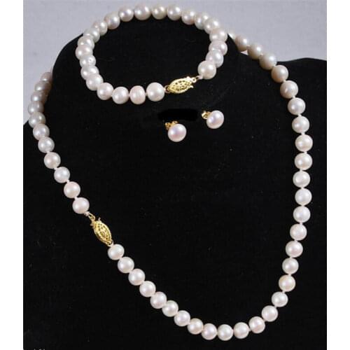 Wholesale 7-8MM White Akoya Cultured Pearl Necklace Bracelet Earring Set 18"