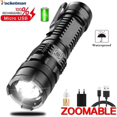 Drop Shipping Most Powerful LED Flashlight 3 Modes Usb Zoom Waterproof led Torch Built in battery With Clip Best Camping,Outdoor