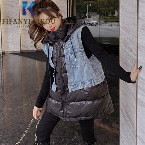 Down Cotton Vest Women Winter Jacket Denim Patchwork Sleeveless Fashion Hooded Vest Coat Thick Warm Loose Waistcoat Female