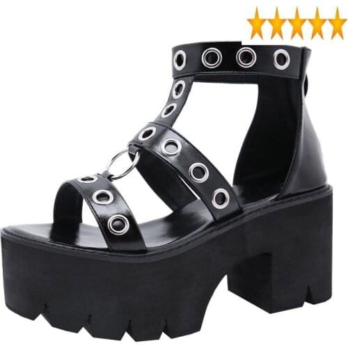 Hollow Open Toe Metal Ring Out High Women Platform Thick Heel Gladiator Shoes Summer Casual Zip Wedges Sandals