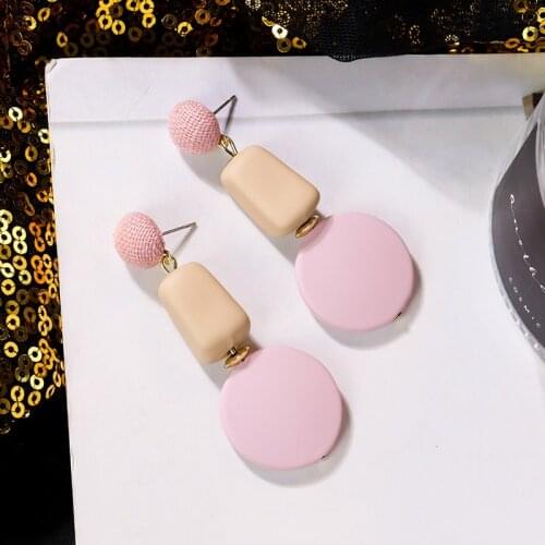 Korean Fashion Round Wood Dangle Earrings For Women Geometric Blue Pink Acrylic Earring Wedding Brincos Bohemia Jewelry Gift