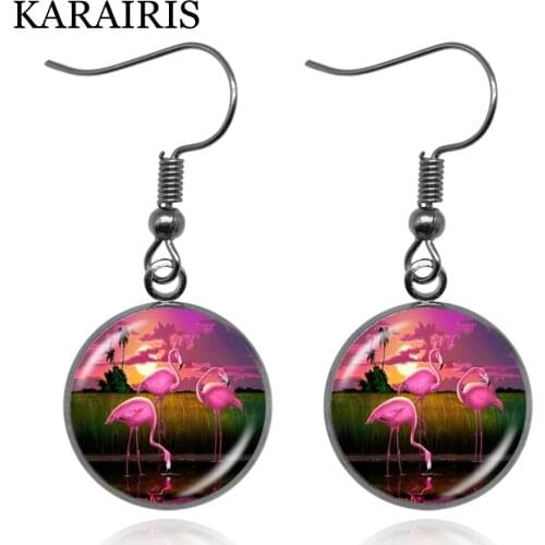 KARAIRIS Nordic Style Palm Leaves Mini Flamingo Earrings Hawaii Beach Glass Jewelry Dangle Earrings For Women Girl Souvenir Gift