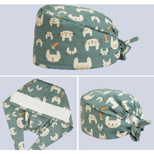Green Rabbit Scrub Cap Nurse Work Hat Chemo Tieback Ground Skull 100% Cotton Workwear Inner Forehead Head Chef Caps M21