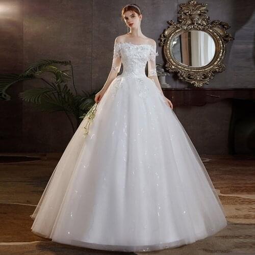 Vestido De Noiva 2021 New Boat Neck Half Sleeve Wedding Dress Beautiful Lace Sequins Plus Size Princess Bridal Ball Gown