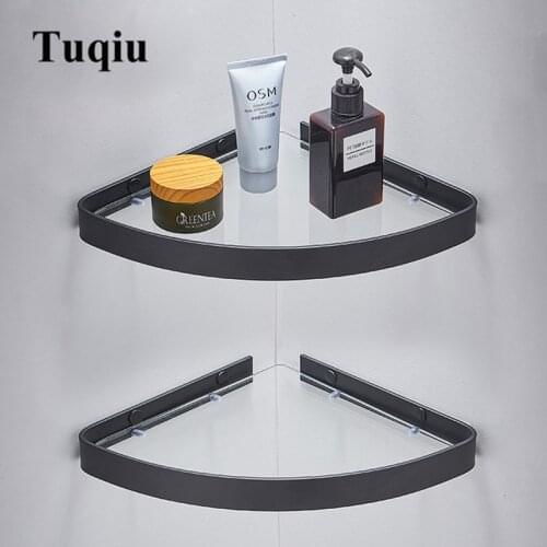 Tuqiu Corner Shelf Glass Shelf White bathroom glass shelves,Black Bathroom Shelf Storage Aluminum Shower room Rack