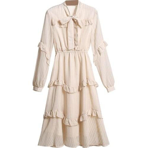 PERHAPS U Women Chiffon Apricot Midi Dress Bow Collar Long Sleeve Empire Long Holiday Dress D2605