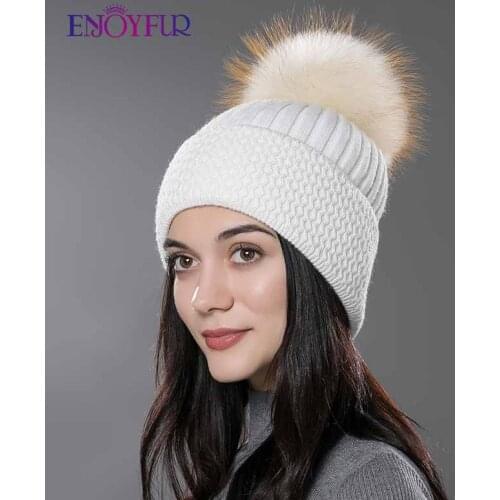 ENJOYFUR Women fur hat winter fur pompom hat natural fur beanies knitted wool cotton hat new fashion gorro cap