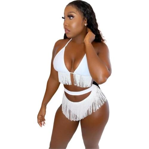 S-XL Womens Sexy Halter Fringe Swimwear Two Piece Swimsuit Push up bra Bandage Beachwear Bikini set Maillots De Bain Biquini