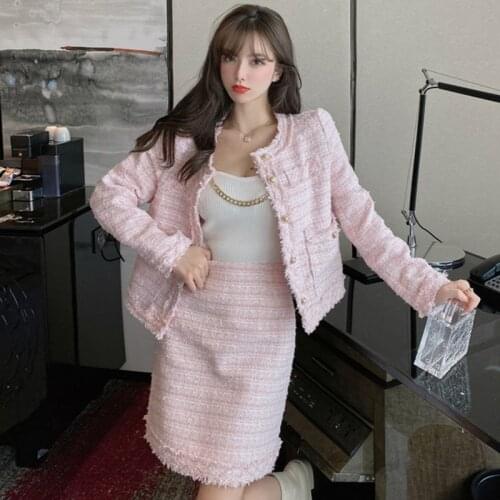 Autumn 2021 New Women Tweed Two Piece Set Woolen Cardigan Jacket Coat+High Waist Mini Sets Winter Office Femme 2 Piece Suits