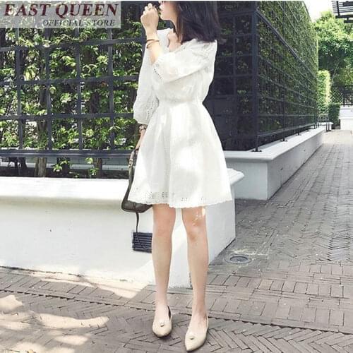 Summer elegant chic sweet dress for women long lantern sleeve pure white party dress floral out lace v-neck just knee DD647 a