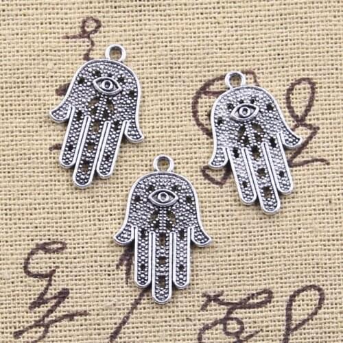 15pcs Charms Eye Hamsa Palm Fatima Hand Protection 23x15mm Antique Silver Color Pendants Making DIY Handmade Tibetan Findings