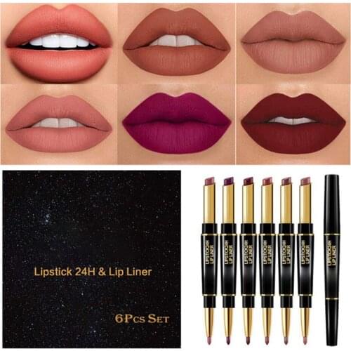6pcs/set Sexy Red Makeup Double-end Lipstick Lasting Lipliner Makeup Set Waterproof Durable 2 in 1 Matte Makeup