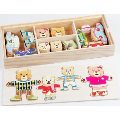 72pcs Cartoon 4 Rabbit Bear Dress Changing Jigsaw Puzzle Wooden Toy Montessori Educational Change Clothes Toys for Children Gift