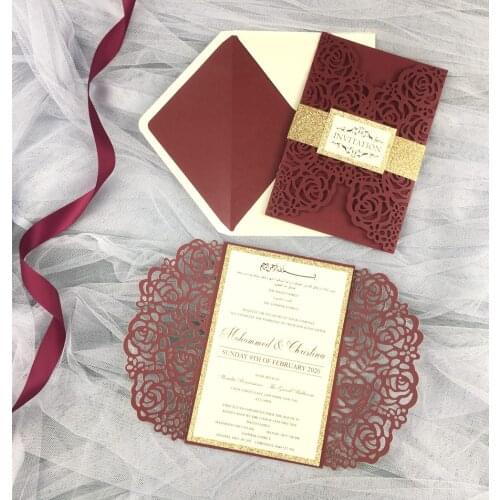 1pcs burgundy Invitation Cards Laser Cut tri fold Wedding Pocket Invite envelope RSVP birthday party Ribbon Belt Free Shipping