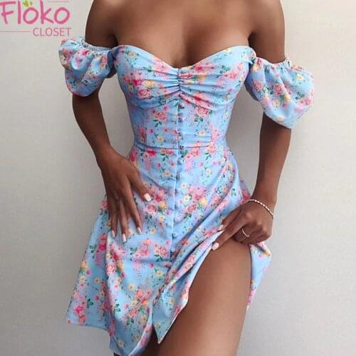 Flokocloset Sexy Off Shoulder Floral Dress 2021 Summer Puff Sleeve Strapless Beach Split Sundress Club Party Robes for Women