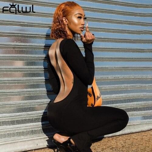 FQLWL Summer Streetwear Backless Long Sleeve Bodycon White Jumpsuit Women One Piece Outfit Skinny Long Square Neck Jumpsuit 2021