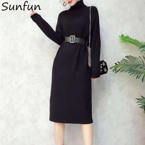 Jurk Vrouwen Nieuwe Losse Winter Hoge Elastische Trui Jurk Sjerpen Trui Coltrui Lange Mouwen Warme Trui Gebreide Met Riem