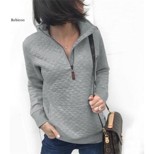 Pockets Zipper Half Open Long Sleeve Women Tops Slim Turn Down Collar Casual Sweatshirts Lattice Autumn Winter Female Hoodies