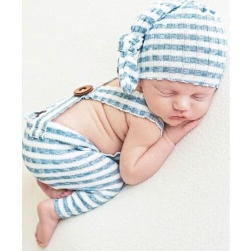 2 Pcs Baby Stripe Romper Long Tail Knotted Hat Set Newborn Photography Props Strap Pants Cap for Infants Photo Shooting