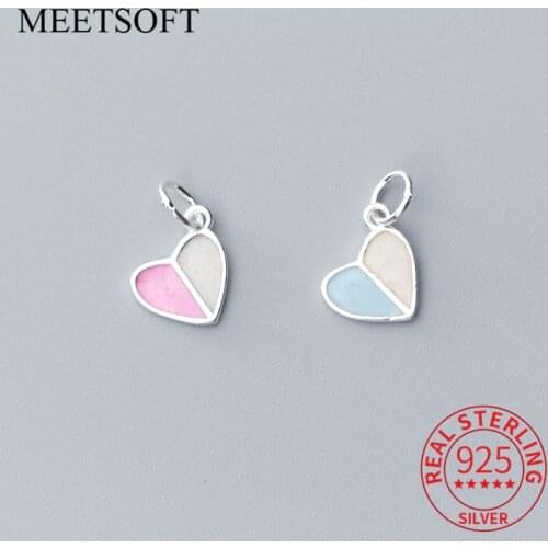 MEETSOFT Romantic 925 Sterling Silver Blue and Pink Heart Charms Special of DIY Handmade Fine Jewelry Necklace chic Accessory