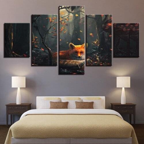5 Pieces Wall Art Canvas Painting Animal Poster Fashion Forest Fox Modular Home Living Room For Decoration Pictures