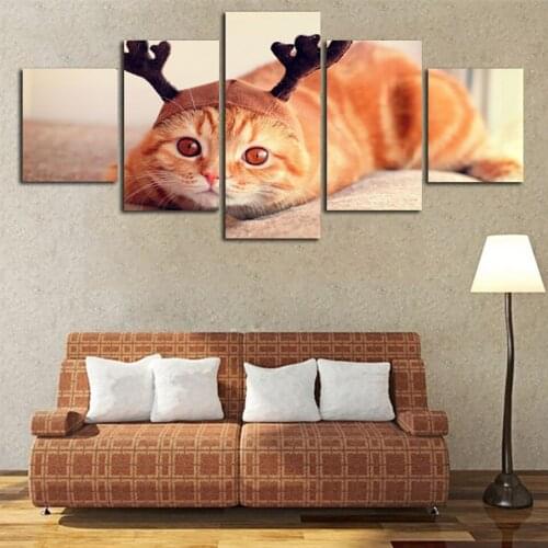 Wall Art Modular Poster Hd 5 Pieces Lovely Orange Cat Modern Frameless Canvas Painting Living Room Home Decor Printed Pictures