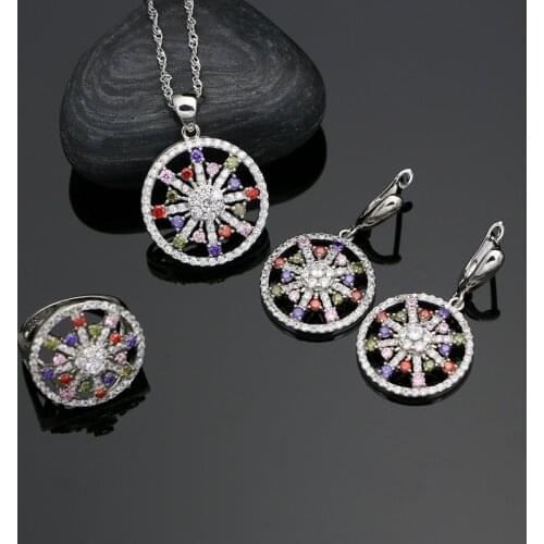 Luxury Multicolor Cubic Zirconia 925 Silver Jewelry Sets For Women Wedding Accessories Earrings Stone Pendant Ring Necklace Set