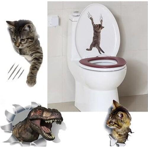 Cat Wall Sticker Toilet Stickers Hole Vivid Dogs Bathroom Home Decoration Animal Vinyl Decals PCV stickers