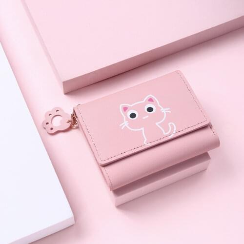 New Women Wallet Cute Cat Short Wallet Leather Small Purse Girls Money Bag Card Holder Ladies Female Hasp 2021 Fashion