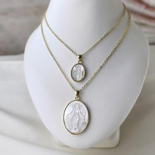 Natural MOP Pearl Shell Oval Virgin Mary Necklace For Women Christian Jewelry