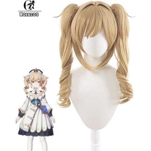 ROLECOS Game Genshin Impact Cosplay Wig Barbara Cosplay Wig Women Blonde 50cm Headwear Halloween Heat Resistant Synthetic Hair