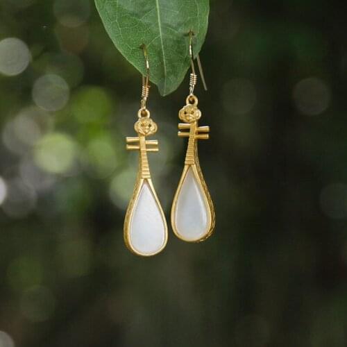 Natural Hetian Jade Pipa White Jade Chinese Style Earrings S925 Sterling Silver Ancient Style Pipa Earrings Classical Court Styl