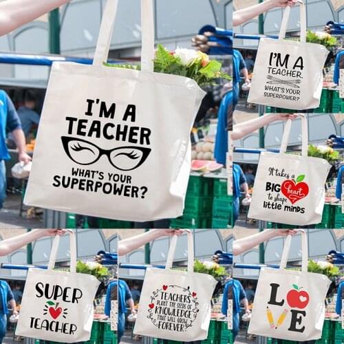 I'm A Teacher Whats Your Superpower Print Shoulder Bags Teacher Life Canvas Shopping Tote Bag Reusable Cloth Handbag Best Gifts