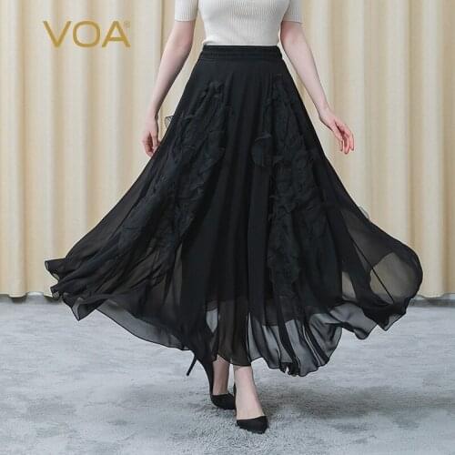 VOA Silk Georgette Black Natural Waist Fold Three-dimensional Decoration Double-layer Soft Refreshing Summer Woman Skirt CE87