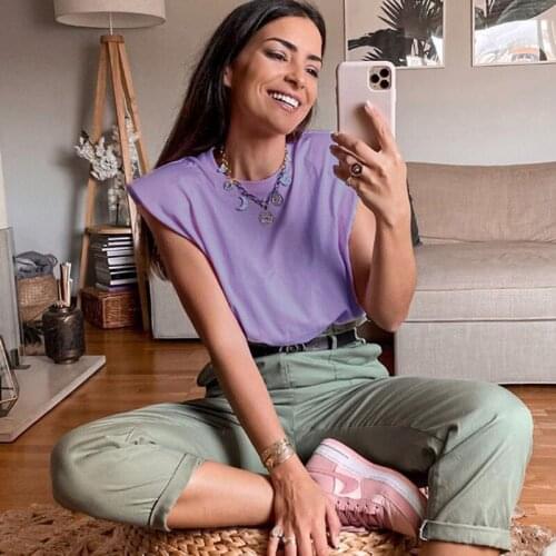 Women Padded Shoulder T-shirts Sleeveless Solid Color Round Neck Top Office Lady Pullover 2020 New Fashion Women Elegant Clothes