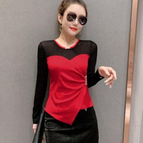 #8628 Spliced Mesh Long Sleeve T Shirt For Women O Neck See Through Women T Shirt Thin Irregular Basic T-shirt Female Black Red