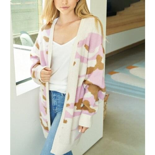 Women Mid-long Cardigans 2021 Autumn Winter V-Neck Loose Leopard Printed Open Stitch Women Sweater Cardigans Free Knitted coat