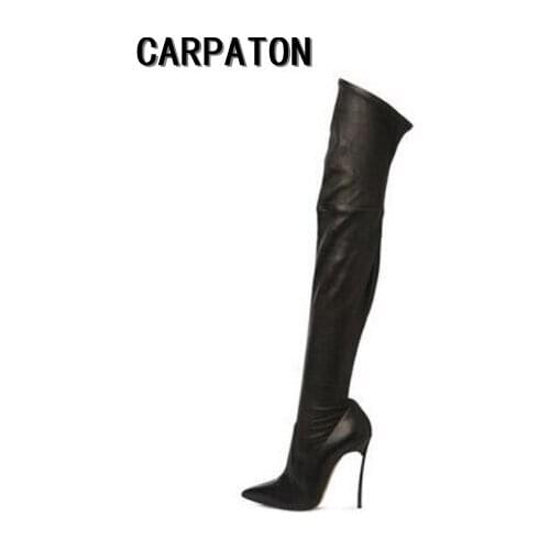 Carpaton 2019 Autumn Winter Women Boots Stretch Leather Thigh High Boots Sexy Pointed Toe Over the Knee High Heel Boots