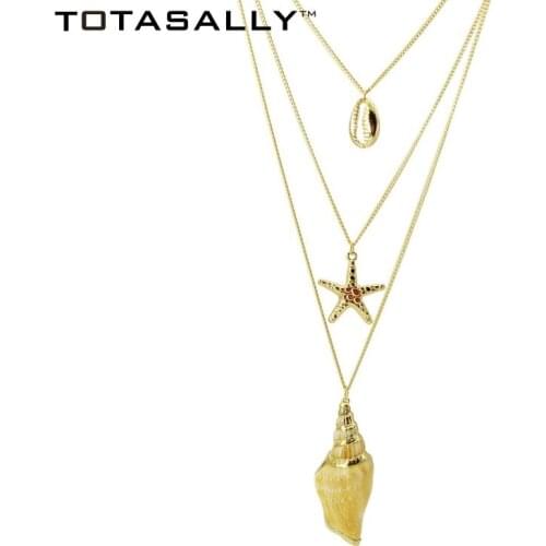 TOTASALLY Cowrie Necklaces Women Layered Collar Necklaces Alloy Nature Seashell Conch Pendant Collection Summer Beach Jewelry