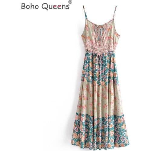Boho Queens Women floral print sleeveless beach Bohemian strap dresses Ladies Summer rayon maxi dress vestidos