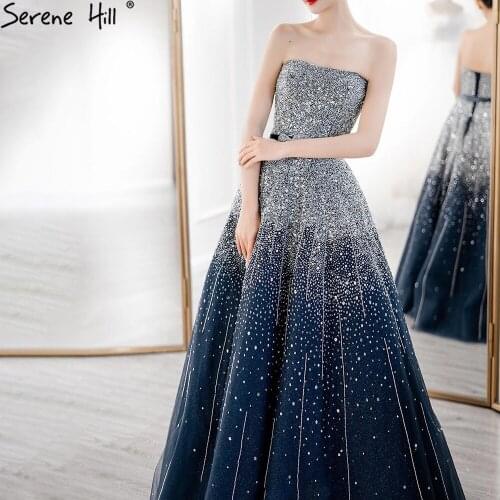 Serene Hill Blue Luxury Strapless Evening Dresses Gowns 2021 Beaded Bling A-Line Luxury For Women Party LA71157