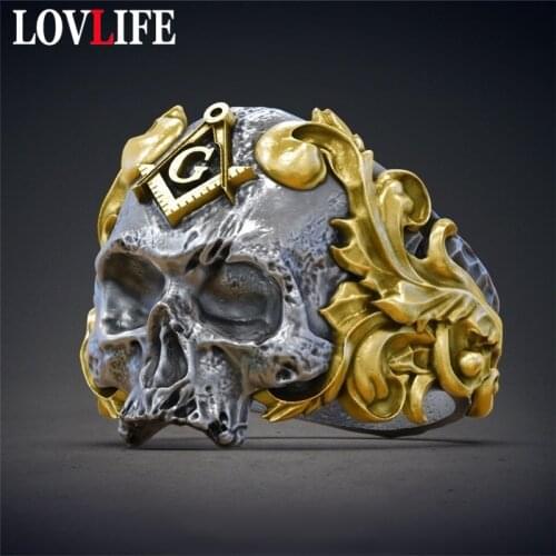 Golden Silver Color G Symbol Masonic Skull Head Men Ring Vintage Punk Hand Wearring Rings Jewelry Gifts