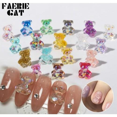 20pcs/lot Cute 3D Crystal Bear Nails Jewelry Mold Colorful Creative Silicone Small Bears for DIY Nail Art Tips Decor Accessories