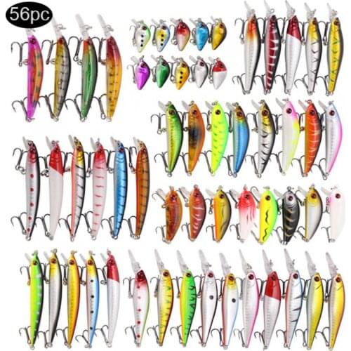 56pcs/lot Mixed Bass Fishing Lure Set Artificial Fishing Kit Minnow Fishing Wobblers Crankbait Hard Fishing Tackle